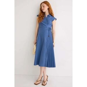 Tanya Taylor Blue Cotton Poplin Pleated Wrap Midi Dress Womens Size 6 STAINED